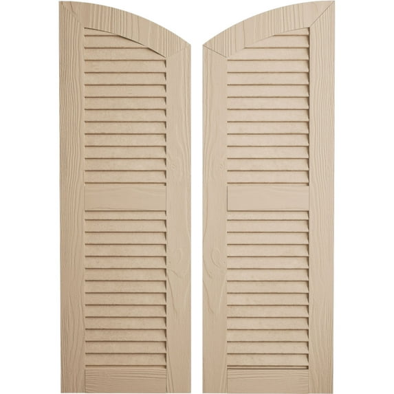 Ekena Millwork 15"W x 86"H (81" Low Side) Timberthane Sandblasted Two Equal Louver w/Elliptical Top Faux Wood Shutters (Per Pair), Primed Tan