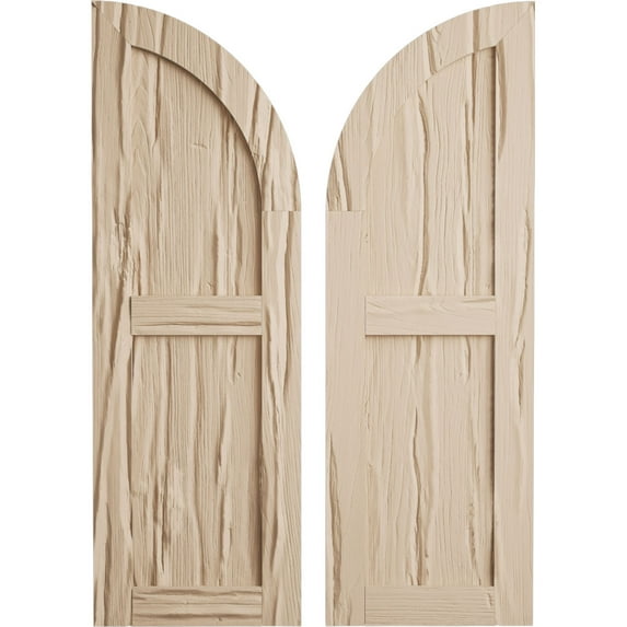 Ekena Millwork 15"W x 90"H (75" Low Side) Timberthane Riverwood Two Equal Flat Panel w/Quarter Round Arch Top Faux Wood Shutters (Per Pair), Primed Tan