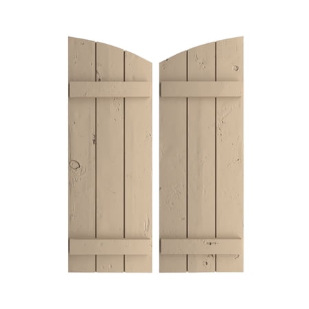 Ekena Millwork 16 1/2"W x 24"H (18 1/2" Low Side) Timberthane Knotty Pine Three Board Joined Board-n-Batten w/Elliptical Top Faux Wood Shutters (Per Pair), Primed Tan