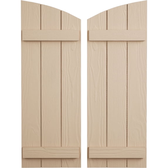 Ekena Millwork 16 1/2"W x 24"H (18 1/2" Low Side) Timberthane Sandblasted Three Board Joined Board-n-Batten w/Elliptical Top Faux Wood Shutters (Per Pair), Primed Tan