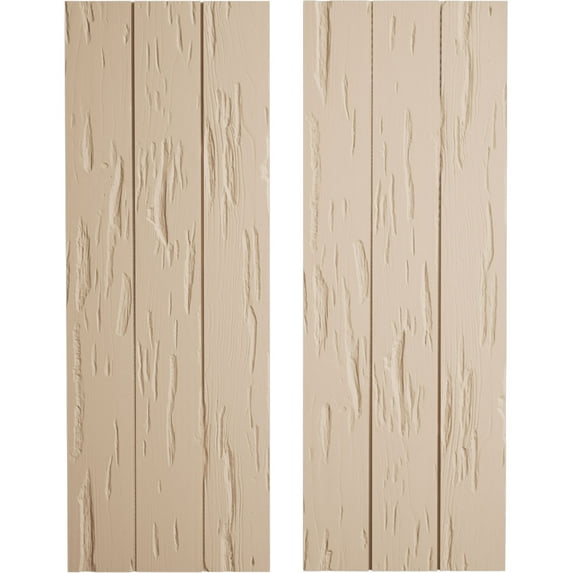 Ekena Millwork 16 1/2"W x 24"H Rustic Three Board Joined Board-n-Batten Pecky Cypress Faux Wood Shutters w/No Batten (Per Pair), Primed Tan