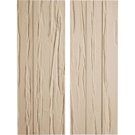 Ekena Millwork 16 1/2"W x 26"H Rustic Three Board Joined Board-n-Batten Riverwood Faux Wood Shutters w/No Batten (Per Pair), Primed Tan