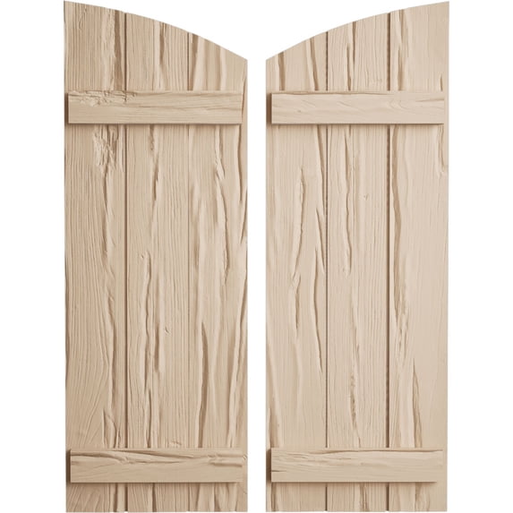 Ekena Millwork 16 1/2"W x 28"H (22 1/2" Low Side) Timberthane Riverwood Three Board Joined Board-n-Batten w/Elliptical Top Faux Wood Shutters (Per Pair), Primed Tan