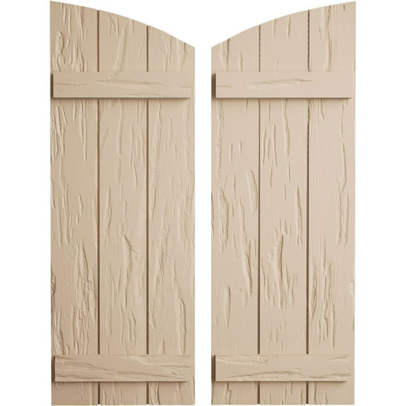 Ekena Millwork 16 1/2"W x 30"H (24 1/2" Low Side) Timberthane Pecky Cypress Three Board Joined Board-n-Batten w/Elliptical Top Faux Wood Shutters (Per Pair), Primed Tan