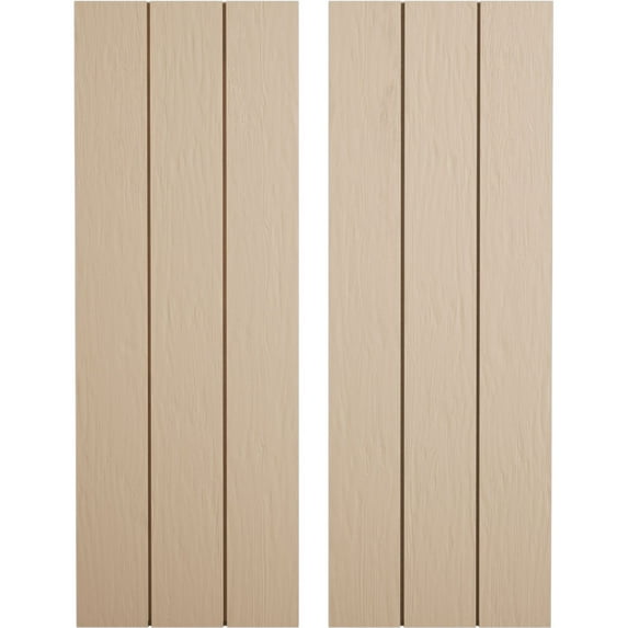 Ekena Millwork 16 1/2"W x 30"H Rustic Three Board Joined Board-n-Batten Rough Sawn Faux Wood Shutters w/No Batten (Per Pair), Primed Tan