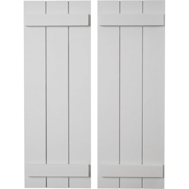 Ekena Millwork 16 1/2"W x 30"H Rustic Three Board Joined Board-n-Batten Smooth Faux Wood Shutters (Per Pair), Primed Tan