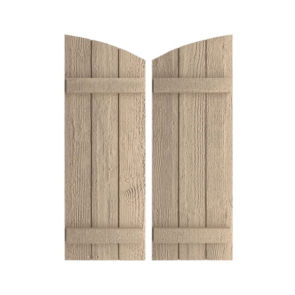 Ekena Millwork 16 1/2"W x 32"H (26 1/2" Low Side) Timberthane Rough Sawn Three Board Joined Board-n-Batten w/Elliptical Top Faux Wood Shutters (Per Pair), Primed Tan