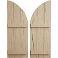 thumbnail image 1 of Ekena Millwork 16 1/2"W x 36"H (19 1/2" Low Side) Timberthane Hand Hewn Three Board Joined Board-n-Batten w/Quarter Round Arch Top Faux Wood Shutters (Per Pair), Primed Tan, 1 of 6