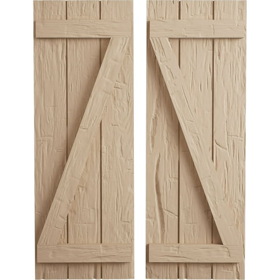 Ekena Millwork 16 1/2"W x 36"H Rustic Three Board Joined Board-n-Batten Hand Hewn Faux Wood Shutters w/Z-Board (Per Pair), Primed Tan