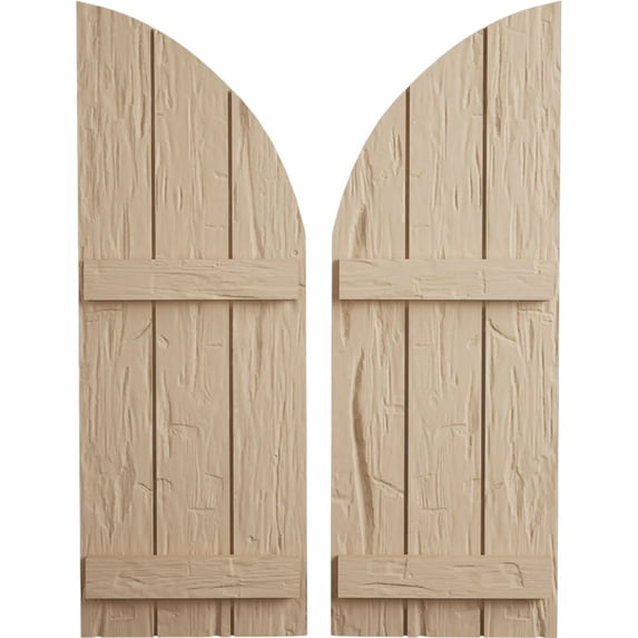Ekena Millwork 16 1/2"W x 38"H (21 1/2" Low Side) Timberthane Hand Hewn Three Board Joined Board-n-Batten w/Quarter Round Arch Top Faux Wood Shutters (Per Pair), Primed Tan