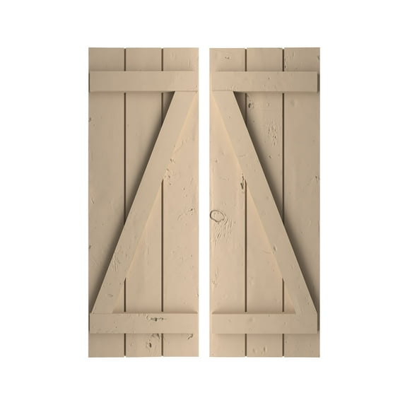 Ekena Millwork 16 1/2"W x 40"H Rustic Three Board Joined Board-n-Batten Knotty Pine Faux Wood Shutters w/Z-Board (Per Pair), Primed Tan