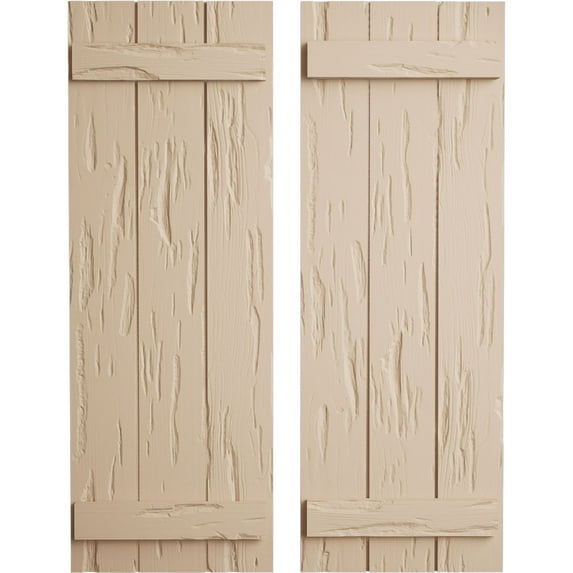 Ekena Millwork 16 1/2"W x 40"H Rustic Three Board Joined Board-n-Batten Pecky Cypress Faux Wood Shutters (Per Pair), Primed Tan