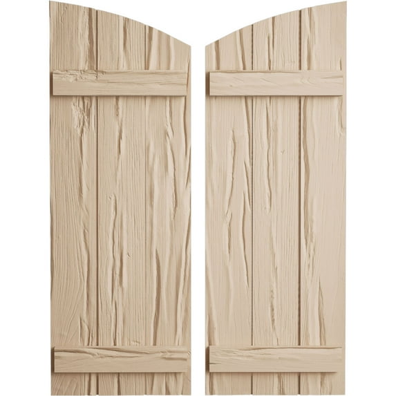 Ekena Millwork 16 1/2"W x 42"H (36 1/2" Low Side) Timberthane Riverwood Three Board Joined Board-n-Batten w/Elliptical Top Faux Wood Shutters (Per Pair), Primed Tan