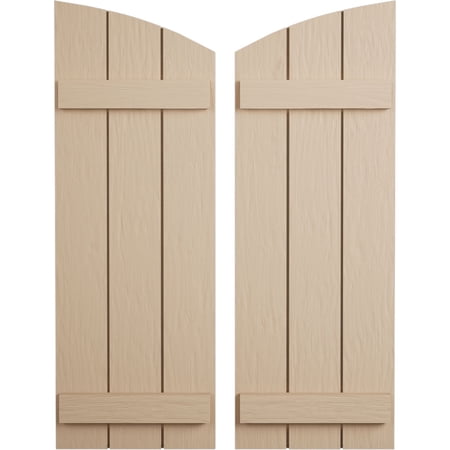 Ekena Millwork 16 1/2"W x 42"H (36 1/2" Low Side) Timberthane Rough Sawn Three Board Joined Board-n-Batten w/Elliptical Top Faux Wood Shutters (Per Pair), Primed Tan