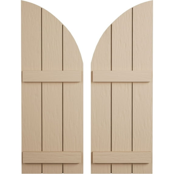 Ekena Millwork 16 1/2"W x 44"H (27 1/2" Low Side) Timberthane Rough Sawn Three Board Joined Board-n-Batten w/Quarter Round Arch Top Faux Wood Shutters (Per Pair), Primed Tan