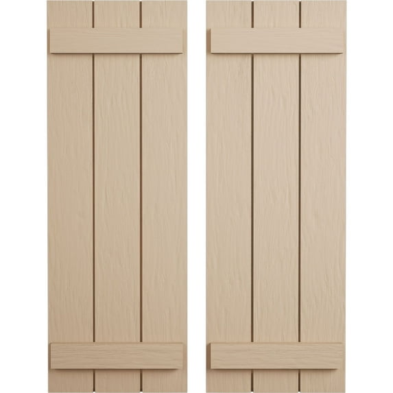 Ekena Millwork 16 1/2"W x 44"H Rustic Three Board Joined Board-n-Batten Rough Sawn Faux Wood Shutters (Per Pair), Primed Tan