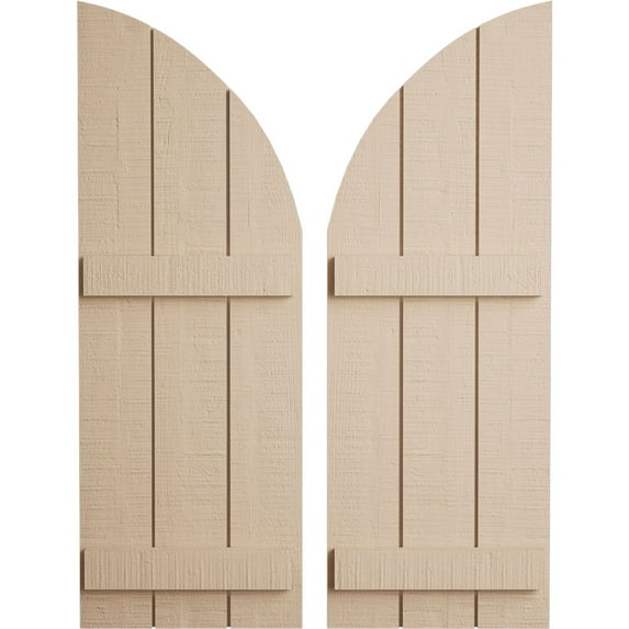 Ekena Millwork 16 1/2"W x 48"H (31 1/2" Low Side) Timberthane Rough Cedar Three Board Joined Board-n-Batten w/Quarter Round Arch Top Faux Wood Shutters (Per Pair), Primed Tan
