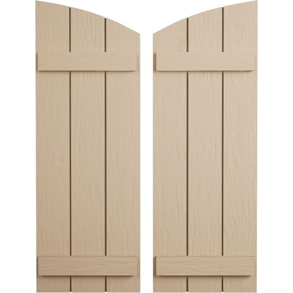 Ekena Millwork 16 1/2"W x 50"H (44 1/2" Low Side) Timberthane Rough Sawn Three Board Joined Board-n-Batten w/Elliptical Top Faux Wood Shutters (Per Pair), Primed Tan