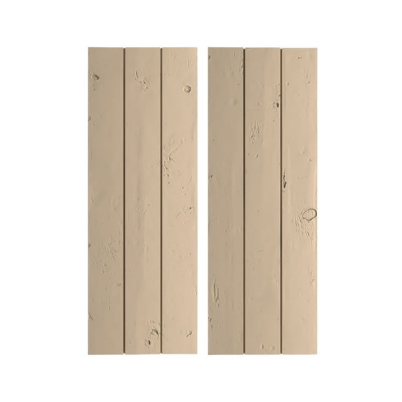 Ekena Millwork 16 1/2"W x 50"H Rustic Three Board Joined Board-n-Batten Knotty Pine Faux Wood Shutters w/No Batten (Per Pair), Primed Tan