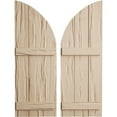 thumbnail image 1 of Ekena Millwork 16 1/2"W x 52"H (35 1/2" Low Side) Timberthane Riverwood Three Board Joined Board-n-Batten w/Quarter Round Arch Top Faux Wood Shutters (Per Pair), Primed Tan, 1 of 6