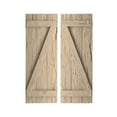 thumbnail image 1 of Ekena Millwork 16 1/2"W x 54"H Rustic Three Board Joined Board-n-Batten Hand Hewn Faux Wood Shutters w/Z-Board (Per Pair), Primed Tan, 1 of 10
