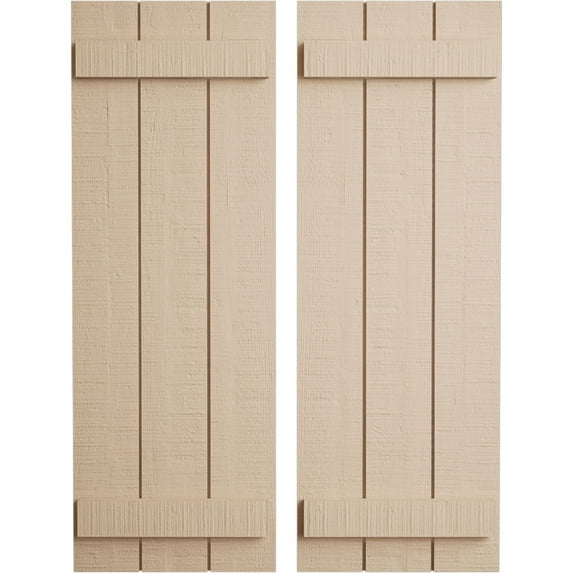 Ekena Millwork 16 1/2"W x 54"H Rustic Three Board Joined Board-n-Batten Rough Cedar Faux Wood Shutters (Per Pair), Primed Tan