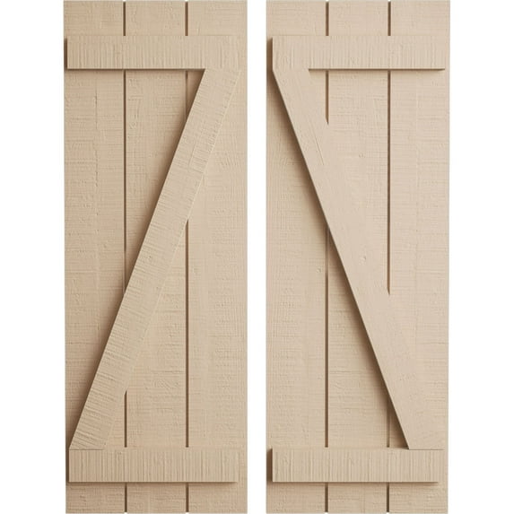 Ekena Millwork 16 1/2"W x 60"H Rustic Three Board Joined Board-n-Batten Rough Cedar Faux Wood Shutters w/Z-Board (Per Pair), Primed Tan