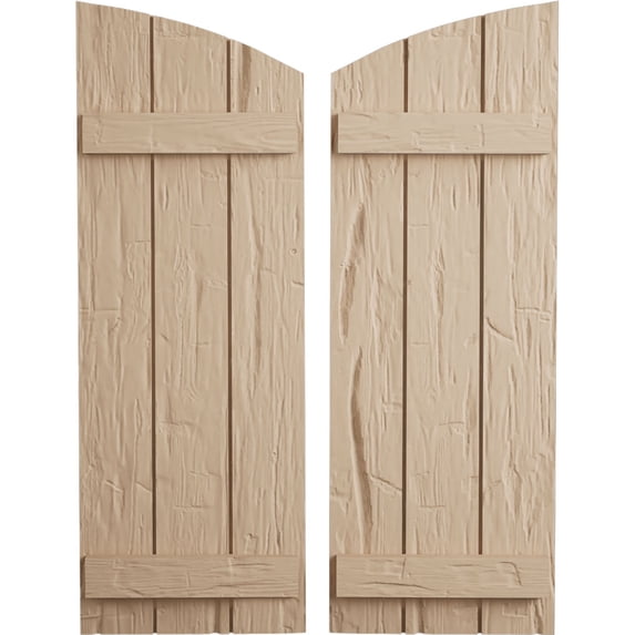 Ekena Millwork 16 1/2"W x 62"H (56 1/2" Low Side) Timberthane Hand Hewn Three Board Joined Board-n-Batten w/Elliptical Top Faux Wood Shutters (Per Pair), Primed Tan