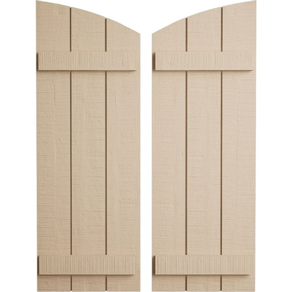 Ekena Millwork 16 1/2"W x 62"H (56 1/2" Low Side) Timberthane Rough Cedar Three Board Joined Board-n-Batten w/Elliptical Top Faux Wood Shutters (Per Pair), Primed Tan