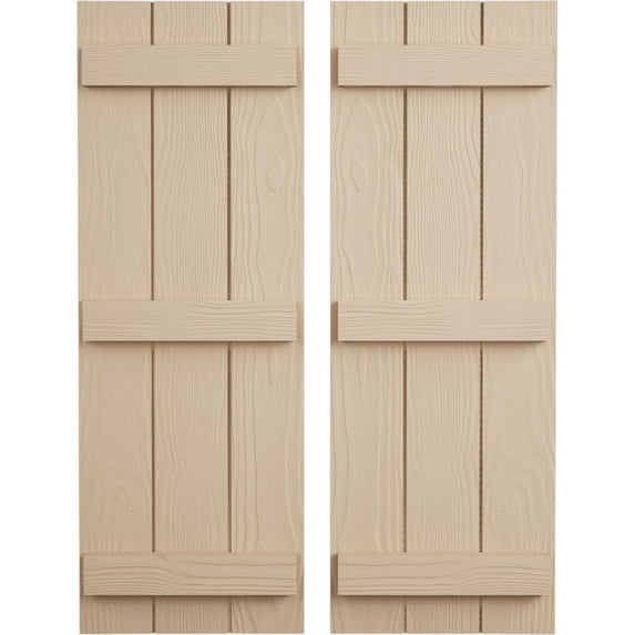 Ekena Millwork 16 1/2"W x 62"H Rustic Three Board Joined Board-n-Batten Sandblasted Faux Wood Shutters (Per Pair), Primed Tan