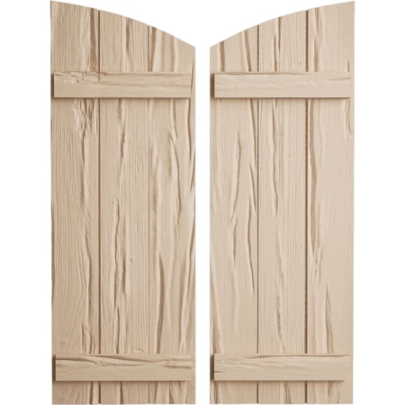 Ekena Millwork 16 1/2"W x 64"H (58 1/2" Low Side) Timberthane Riverwood Three Board Joined Board-n-Batten w/Elliptical Top Faux Wood Shutters (Per Pair), Primed Tan