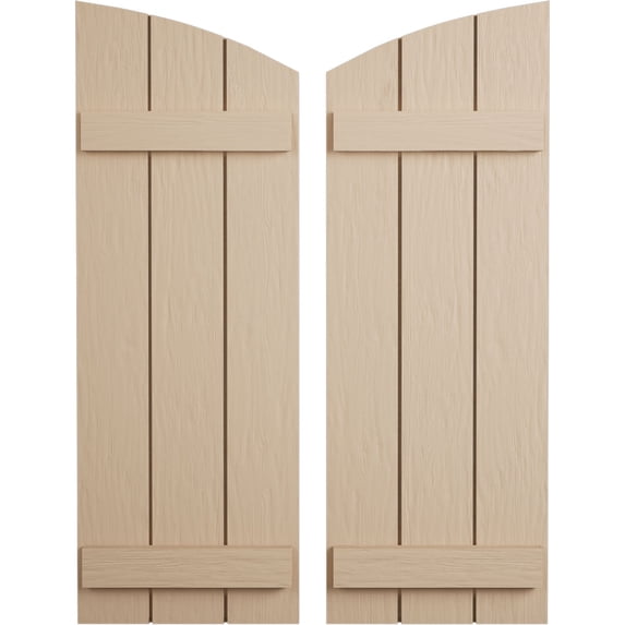 Ekena Millwork 16 1/2"W x 64"H (58 1/2" Low Side) Timberthane Rough Sawn Three Board Joined Board-n-Batten w/Elliptical Top Faux Wood Shutters (Per Pair), Primed Tan