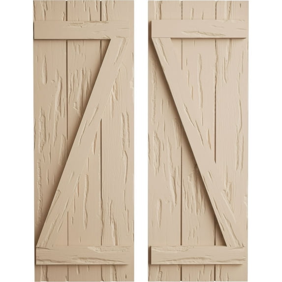 Ekena Millwork 16 1/2"W x 64"H Rustic Three Board Joined Board-n-Batten Pecky Cypress Faux Wood Shutters w/Z-Board (Per Pair), Primed Tan