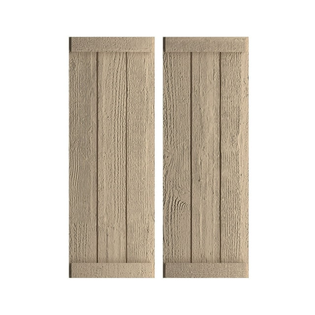 Ekena Millwork 16 1/2"W x 64"H Rustic Three Board Joined Board-n-Batten Rough Sawn Faux Wood Shutters w/End Batten (Per Pair), Primed Tan