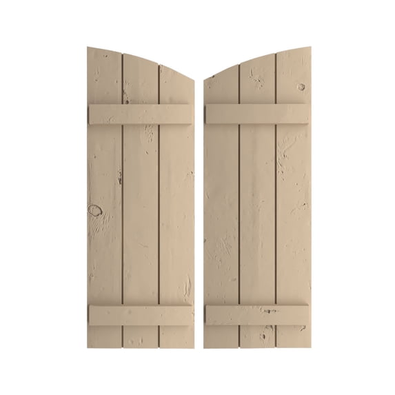 Ekena Millwork 16 1/2"W x 66"H (60 1/2" Low Side) Timberthane Knotty Pine Three Board Joined Board-n-Batten w/Elliptical Top Faux Wood Shutters (Per Pair), Primed Tan