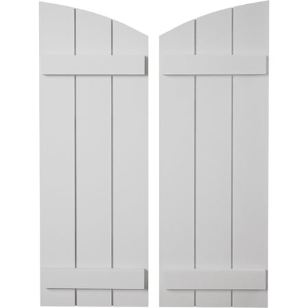 Ekena Millwork 16 1/2"W x 70"H (64 1/2" Low Side) Timberthane Smooth Three Board Joined Board-n-Batten w/Elliptical Top Faux Wood Shutters (Per Pair), Primed Tan