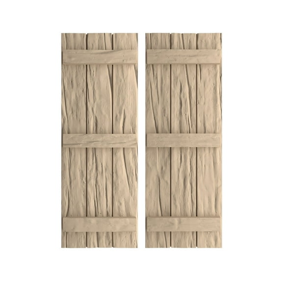 Ekena Millwork 16 1/2"W x 70"H Rustic Three Board Joined Board-n-Batten Riverwood Faux Wood Shutters (Per Pair), Primed Tan