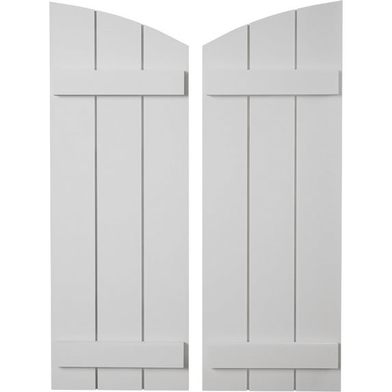 Ekena Millwork 16 1/2"W x 72"H (66 1/2" Low Side) Timberthane Smooth Three Board Joined Board-n-Batten w/Elliptical Top Faux Wood Shutters (Per Pair), Primed Tan