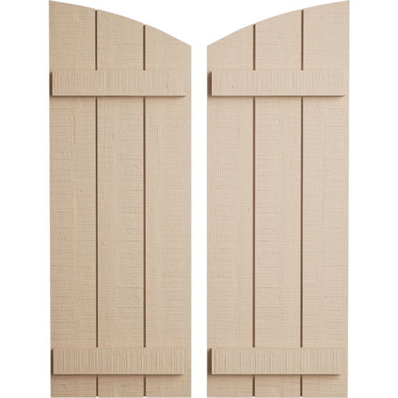 Ekena Millwork 16 1/2"W x 74"H (68 1/2" Low Side) Timberthane Rough Cedar Three Board Joined Board-n-Batten w/Elliptical Top Faux Wood Shutters (Per Pair), Primed Tan