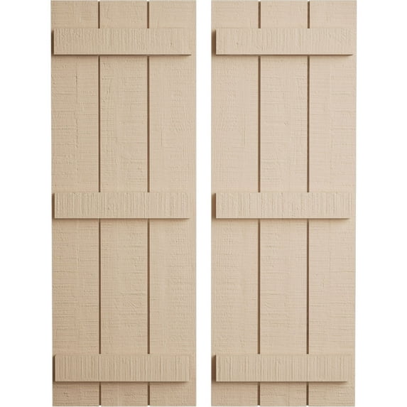 Ekena Millwork 16 1/2"W x 74"H Rustic Three Board Joined Board-n-Batten Rough Cedar Faux Wood Shutters (Per Pair), Primed Tan