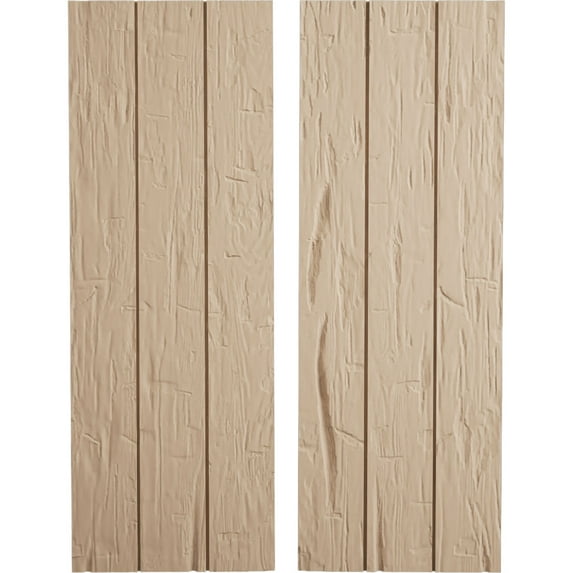 Ekena Millwork 16 1/2"W x 78"H Rustic Three Board Joined Board-n-Batten Hand Hewn Faux Wood Shutters w/No Batten (Per Pair), Primed Tan