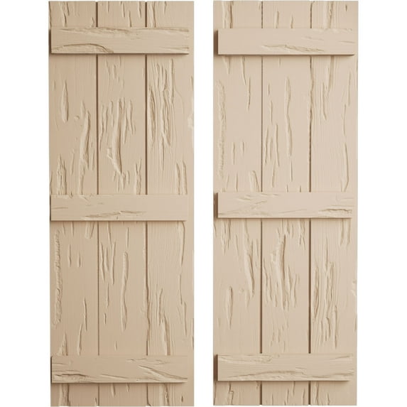Ekena Millwork 16 1/2"W x 78"H Rustic Three Board Joined Board-n-Batten Pecky Cypress Faux Wood Shutters (Per Pair), Primed Tan