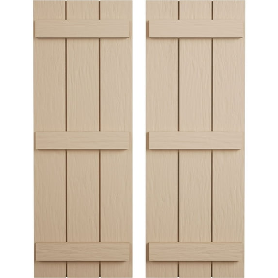 Ekena Millwork 16 1/2"W x 80"H Rustic Three Board Joined Board-n-Batten Rough Sawn Faux Wood Shutters (Per Pair), Primed Tan