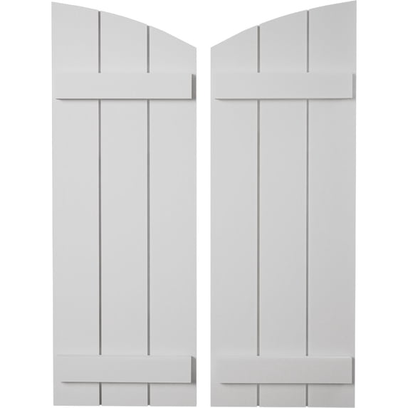 Ekena Millwork 16 1/2"W x 82"H (76 1/2" Low Side) Timberthane Smooth Three Board Joined Board-n-Batten w/Elliptical Top Faux Wood Shutters (Per Pair), Primed Tan