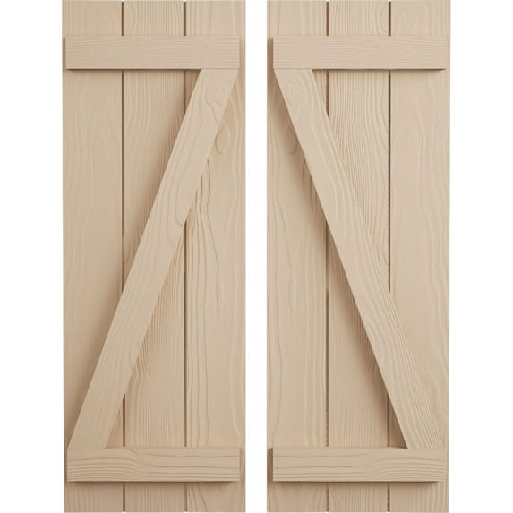 Ekena Millwork 16 1/2"W x 84"H Rustic Three Board Joined Board-n-Batten Sandblasted Faux Wood Shutters w/Z-Board (Per Pair), Primed Tan