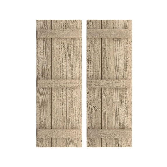 Ekena Millwork 16 1/2"W x 86"H Rustic Three Board Joined Board-n-Batten Rough Sawn Faux Wood Shutters (Per Pair), Primed Tan