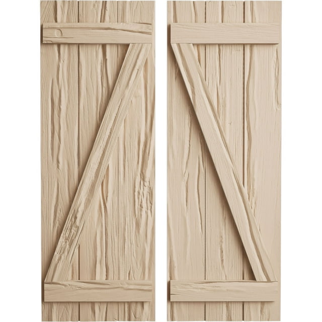 Ekena Millwork 16 1/2"W x 88"H Rustic Three Board Joined Board-n-Batten Riverwood Faux Wood Shutters w/Z-Board (Per Pair), Primed Tan