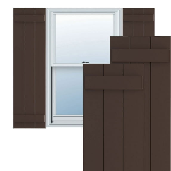 Ekena Millwork 16 1/8"W x 27"H True Fit PVC Three Board Joined Board-n-Batten Shutters, Raisin Brown (Per Pair - Hardware Not Included)