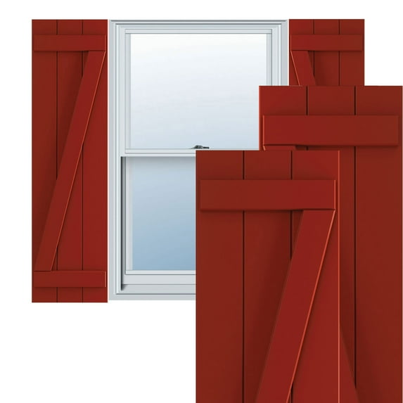 Ekena Millwork 16 1/8"W x 27"H True Fit PVC Three Board Joined Board-n-Batten Shutters w/Z-Bar, Fire Red (Per Pair - Hardware Not Included)