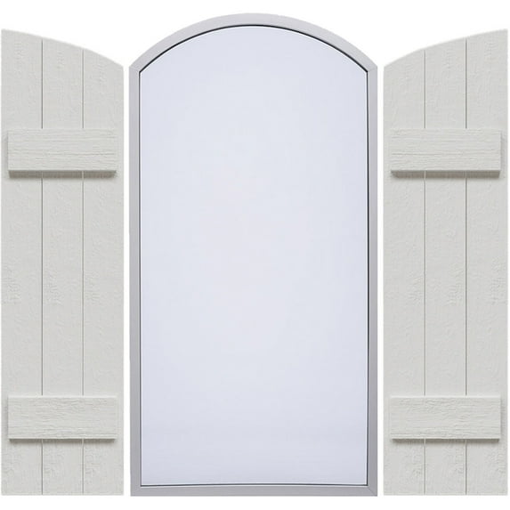 Ekena Millwork 16 1/8"W x 51"H, Rough Cedar (45 1/2" Low Side) Timberthane Faux Rustic Three Board Joined Board-n-Batten Faux Wood Shutters w/Elliptical Arch Top, Rough Cedar (Per Pair)